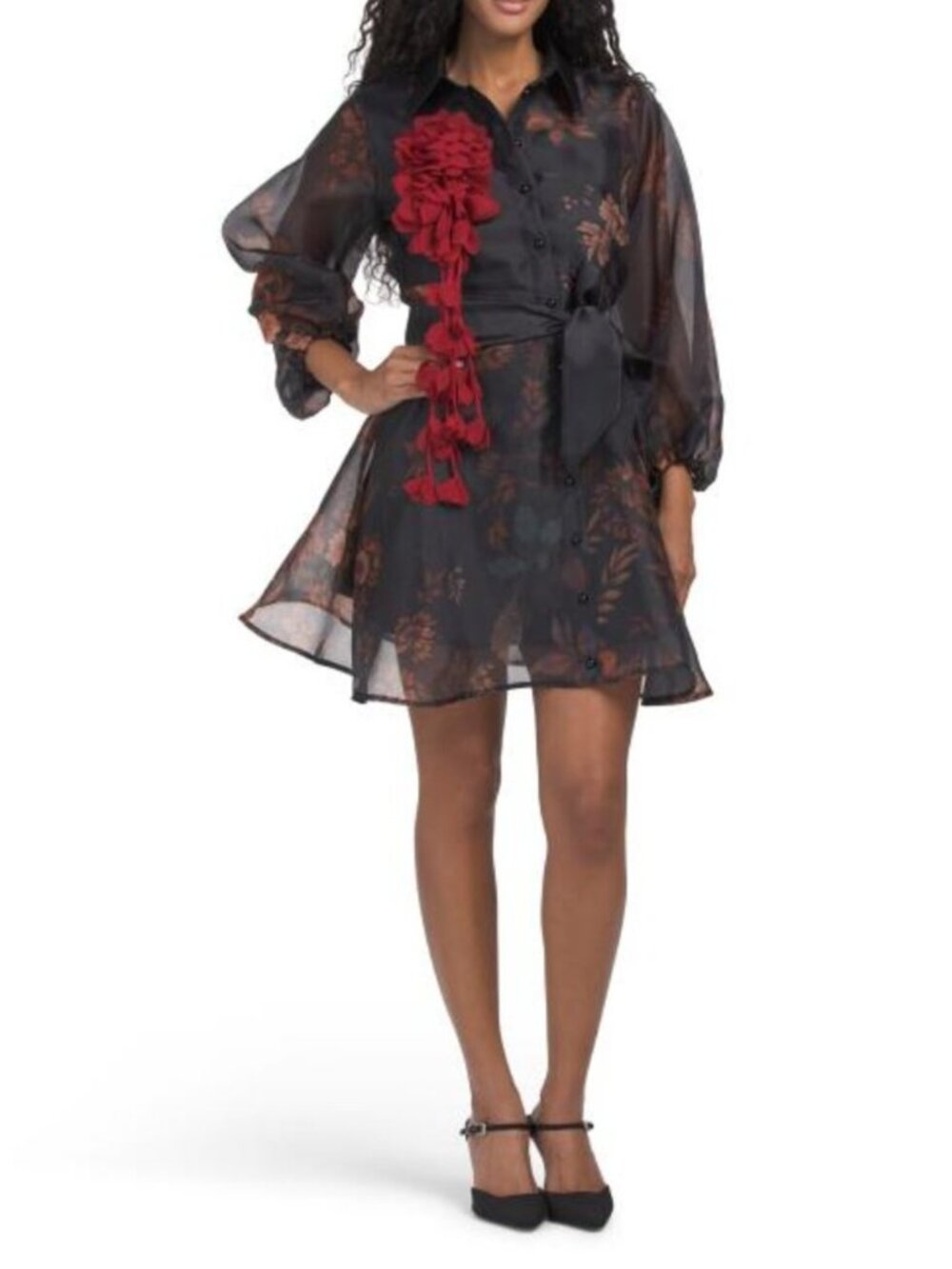 DALIA MACPHEE Balloon Sleeve Floral Organza Mini Dress With 3d Floral Appliques